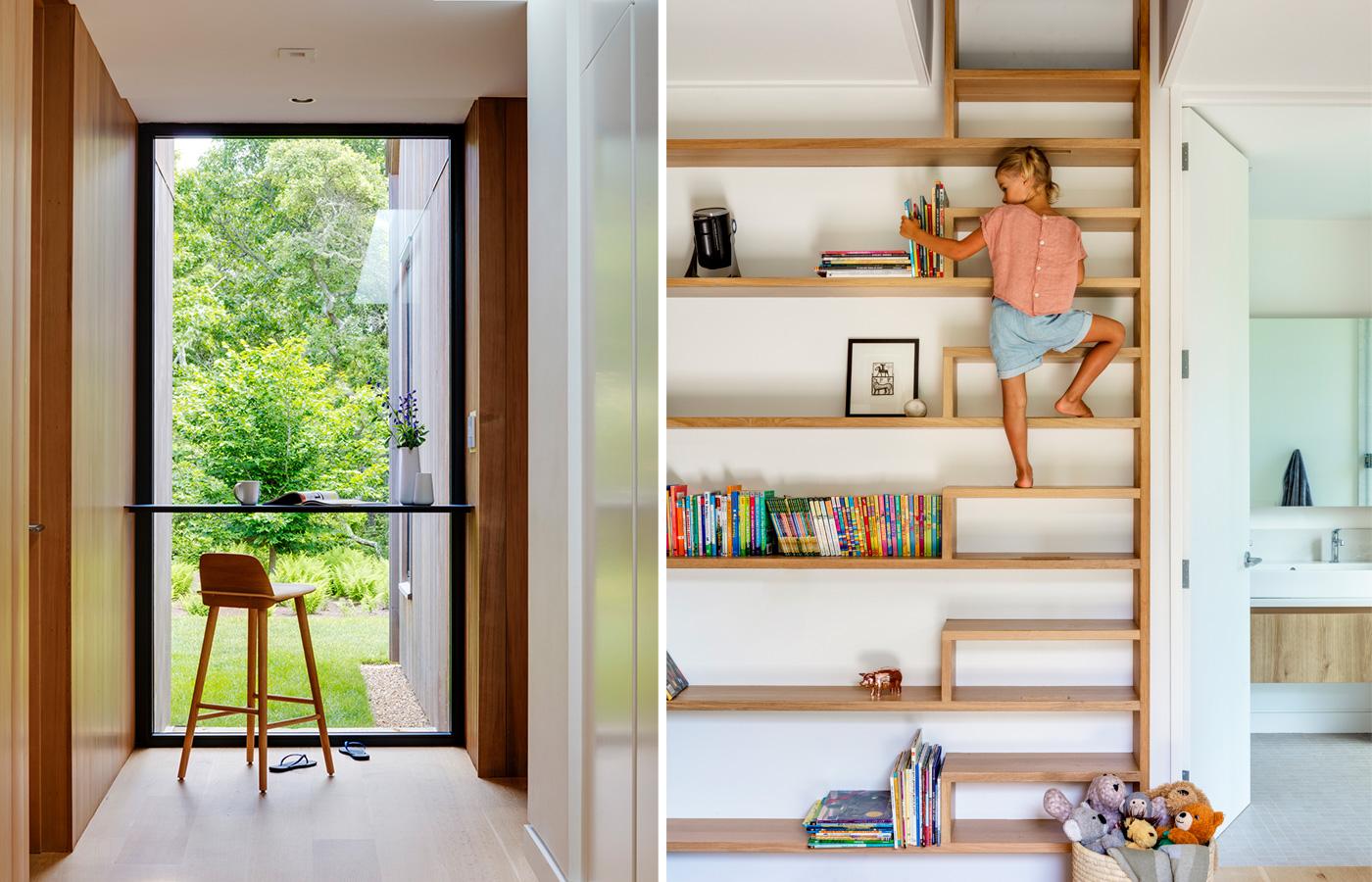 little girl climbing on bookcase and chair overlooking a full length window